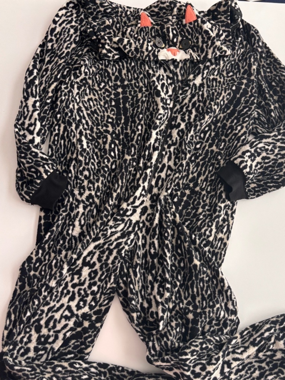 Nick & Nora Cat Hooded Leopard Print Fleece One Piece Pajama Adult Medium
